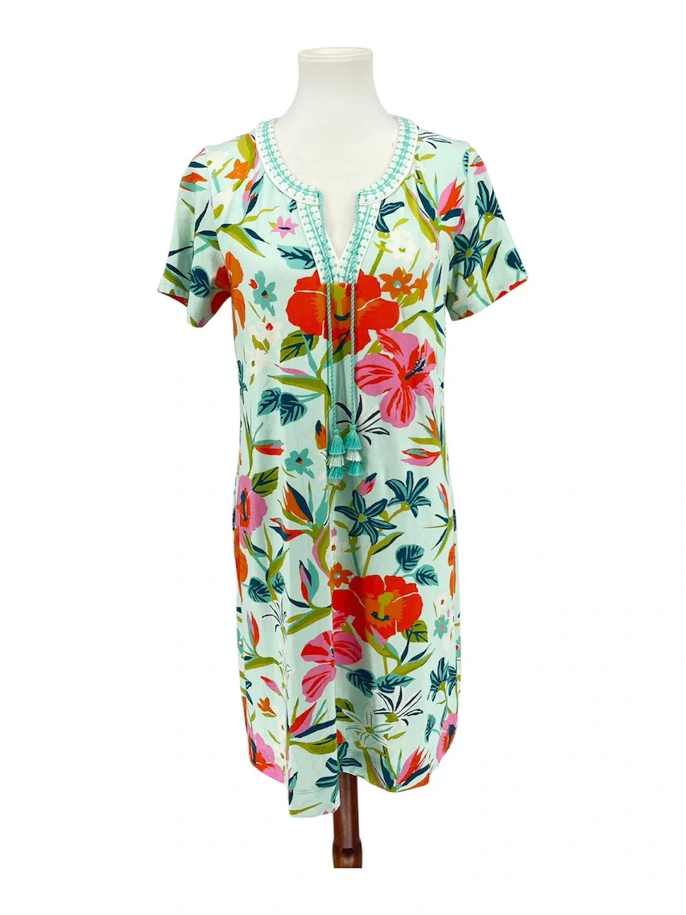 Spartina 449 Brielle Turquoise Floral Cotton Shift Dress Tassel Cover Up Size M